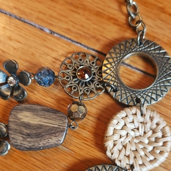 Mixed Metal and Wood Vintage Necklace, Tiered, Boho, Unique Statement Piece - Picture 3 of 5
